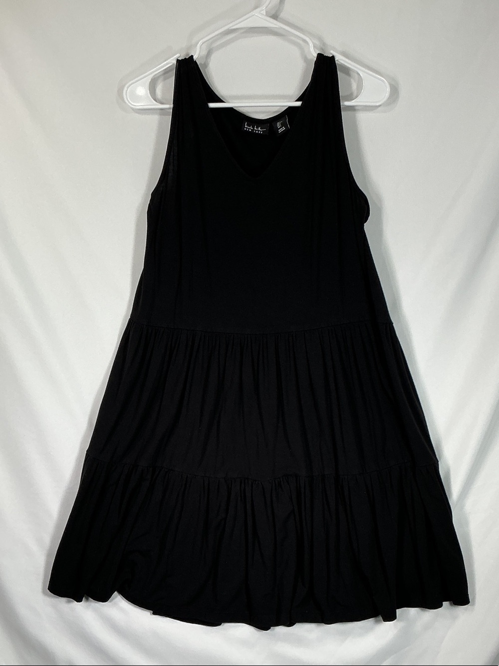Nicole Miller Black Tiered Midi Dress Large Sleeveless Scoop Neck Flowy Tank L